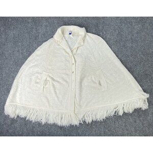 60s 70s Penrose Knitwear Wintuk Orlon Fringe Cape Poncho White Boho Festival VTG